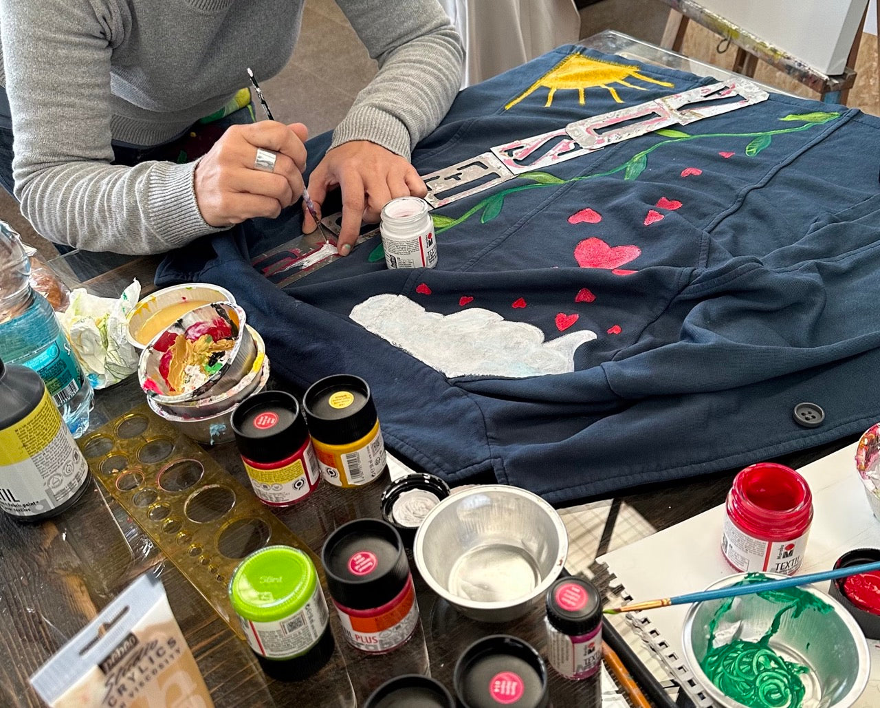 Paint on fabric in an artist's studio