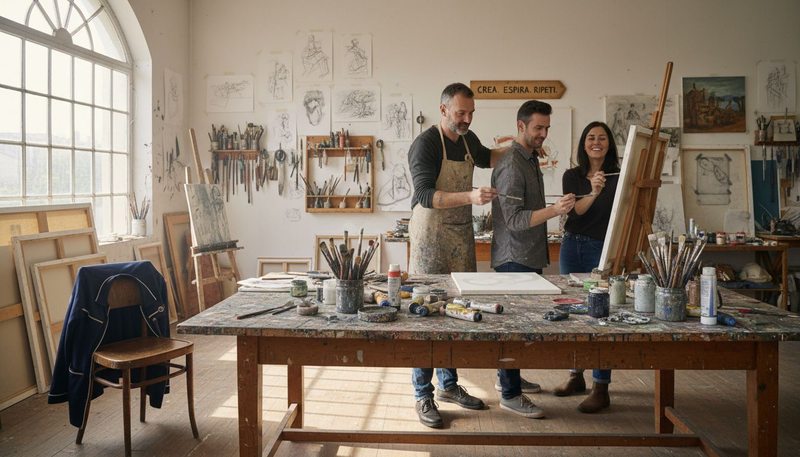 Un’artista accompagna gli studenti alla scoperta della creatività nel suo atelier pieno di colori.