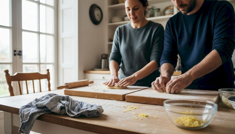 In una cucina accogliente, si prepara la pasta tutti insieme, tra chiacchiere e risate.