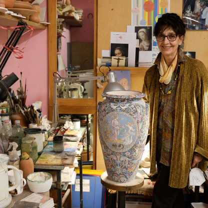 Mold a ceramic vase and decorate it with flowers in Florence