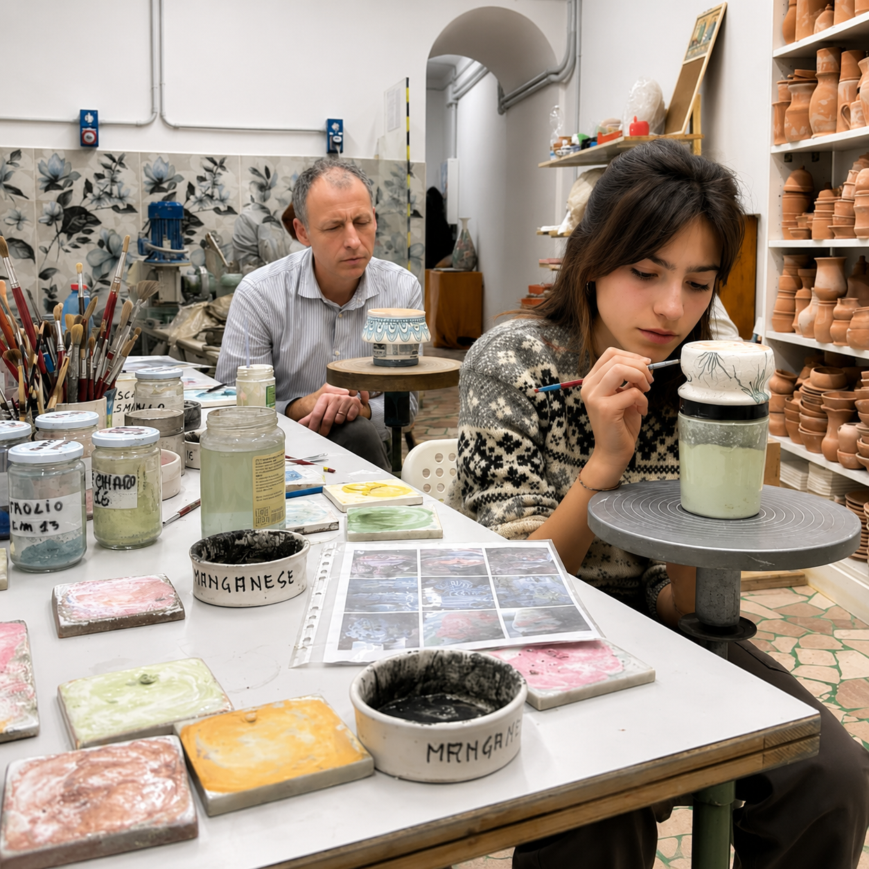 Mold a ceramic vase and decorate it with flowers in Florence