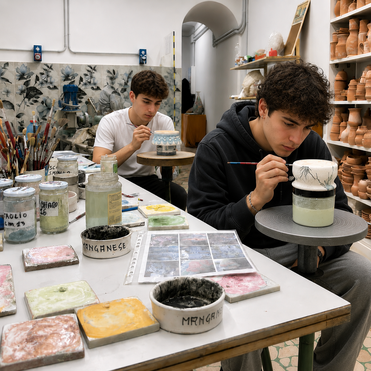 Mold a ceramic vase and decorate it with flowers in Florence